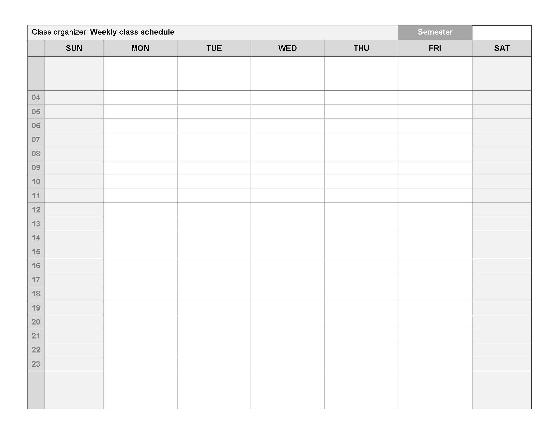 Class Organizer Weekly Class Schedule